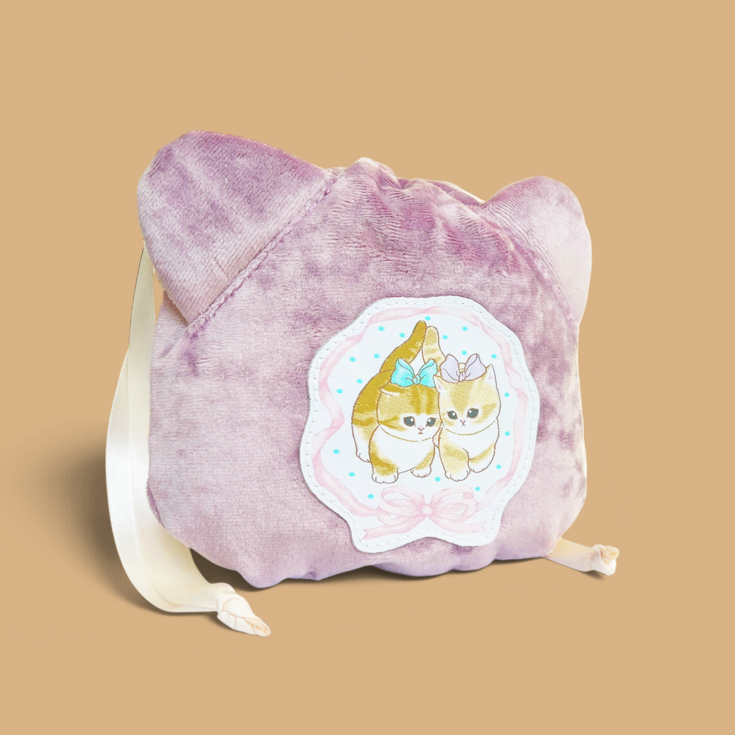 Mofusand Velvet Drawstring Pouch - Ribbon